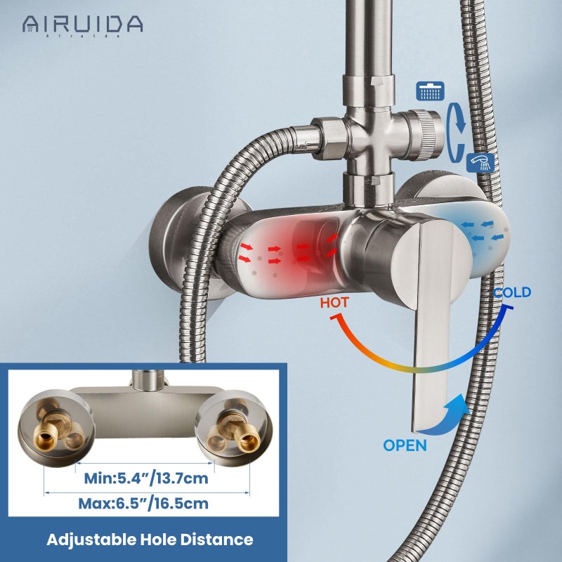 Airuida Exposed Shower System, 8 Inch Rainfall Shower Head with Handheld Spray, Single Handle Wall Mount Shower Faucet Set, Solid Brass Dual Function Exposed Pipe Fixture for Bathroom,Brushed Nickel - Image 4